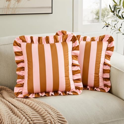vctops Ruffle Square Throw Pillow Covers Boho Pink and Red Striped Decorative Pillowcases Set of 2, Soft Velvet Accent Cushion Cover Cases for Sofa Bed Living Room Decor (Pink Brown,18"x18") - Image 2