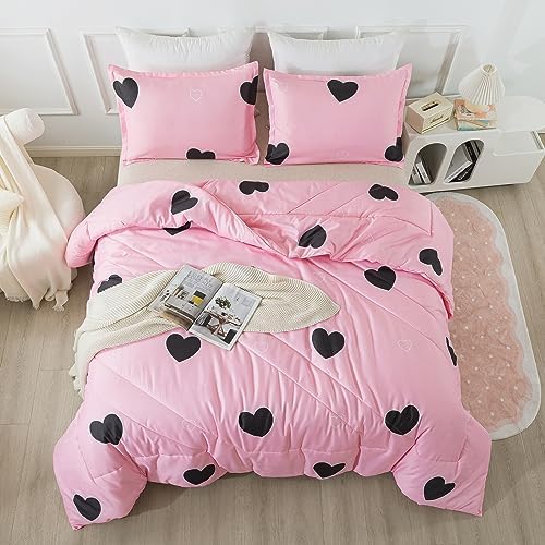 Caressma Pink Comforter Set Full Size Black Heart Set 3pcs with Pillowsham - Image 4