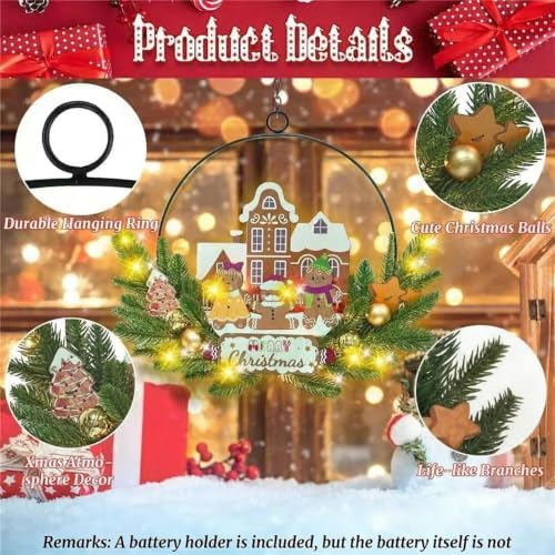 Pre-Lit Christmas Wreath for Front Door, Lighted Witch with 6H On/18H Off - Image 3