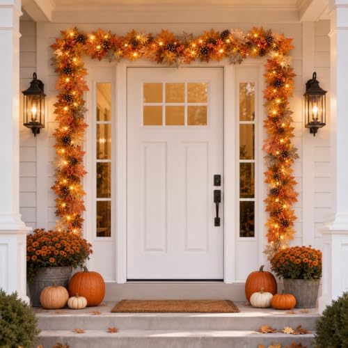 6 FT Lighted Fall Garland with Timer, Maple Leaves and Pinecones - Image 7