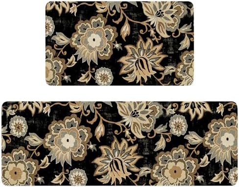 Boho Kitchen Mat Set of 2,Black Paisley Floral Kitchen Rugs and Mats Non Skid Washable,Bohemia Farmhouse Runner Rugs with Rubber Backing for Kitchen Decor Accessories (17"x47"+17"x30") by Xsinufn