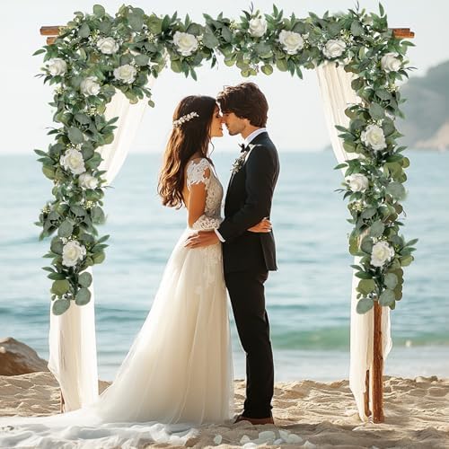 2 Pack Artificial Eucalyptus Flower Garland with White Roses, 13Ft Fake Rose Flower Greenery Garland Floral Vines for Wedding Home Party Table Runner Decor (White) - Image 4