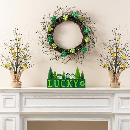 Glitzhome 14"L St. Patrick's Wooden Table Decor, LUCKY Letter Block with Shamrock, Mini House & Brush Trees, Irish Themed Festive Decoration for Tabletop, Mantel & Narrow Shelves Home Accent - Image 6