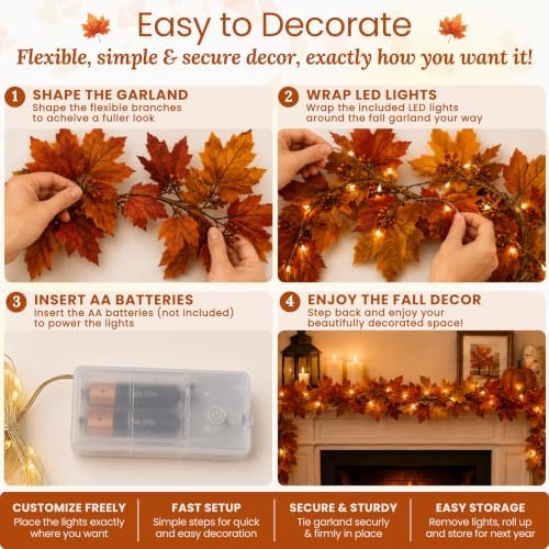 6 FT Fall Garland with Lights, Autumn Maple Leaf Garland with Pumpkins, Pine Cones and Floral Accents, Mantel Fireplace Decor for Thanksgiving, Table, Staircase and Home - Image 5