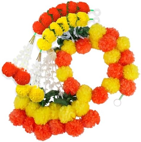 11PCS Diwali Decorations Marigold Garland for Home, Artificial Marigold with Bells and Leaves Long Strands for India Wedding, Pooja Decor, Marigold Flowers for All Year Decoration - Image 4