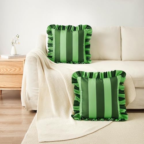 MONDAY MOOSE Decorative Throw Pillow Covers, Set of 2 Water-Resistant Striped Design with Ruffle Edge for Outdoor/Indoor Use, Pillow Inserts Not Included (16x16 inch, Green/Light Green) - Image 5