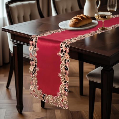 DECOZEN Gold Burgundy Lace Table Runner – Embroidered Table Runner, Dresser Decor Scarf for Holiday Tables Weddings Parties, Valentines Day Gifts Gift for Her Gift for Mom 14x108 Tarantino Collection - Image 3