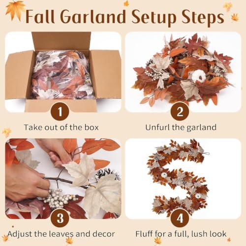 2 Pack 9Ft Fall Garland with Lights, Thanksgiving Mantel Decor - Image 7