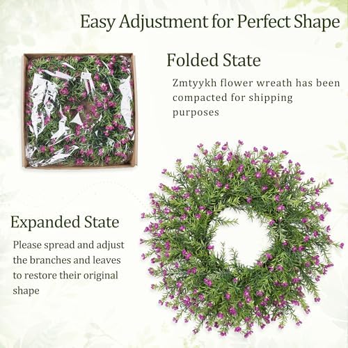 Realistic 24 Inch Baby’s Breath Wreath Spring Wreath for Front Door, Zmtyykh Purple Floral Green Wreath for Outdoor Indoor Farmhouse Wall Porch Home Decor, All Season Summer Wedding Party - Image 4