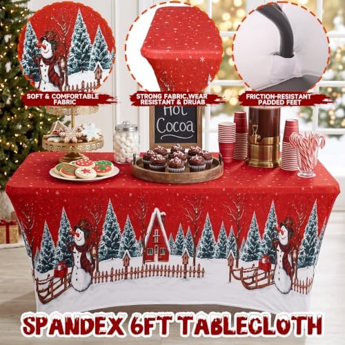 Oudain 2 Pcs Christmas Tablecloth 6 ft Snowman Red Table Cover - Image 3