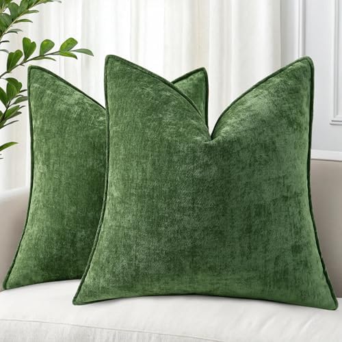 decorUhome Chenille Moss Green Velvet Throw Pillow Covers 24x24 Set of 2 by decorUhome