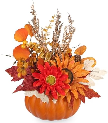 Artificial Pumpkin Fall Décor - Autumn Table Centerpieces with Red Faux Flowers, Maple Leaves, Sunflowers, Pumpkin – Halloween, Thanksgiving & Harvest Home Decoration by Arborus