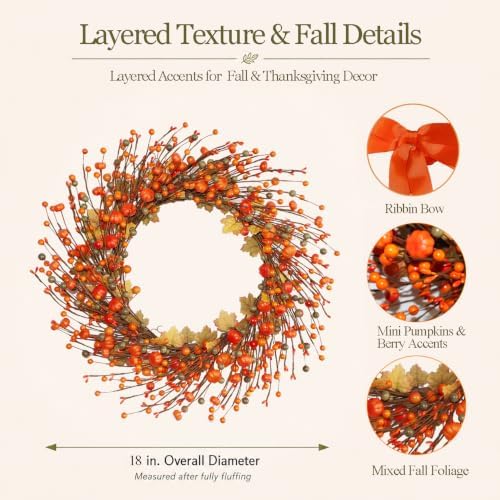 18“ Pumpkin and Berry Fall Wreath with 30 LEDs & Orange Ribbon Bow - Image 2