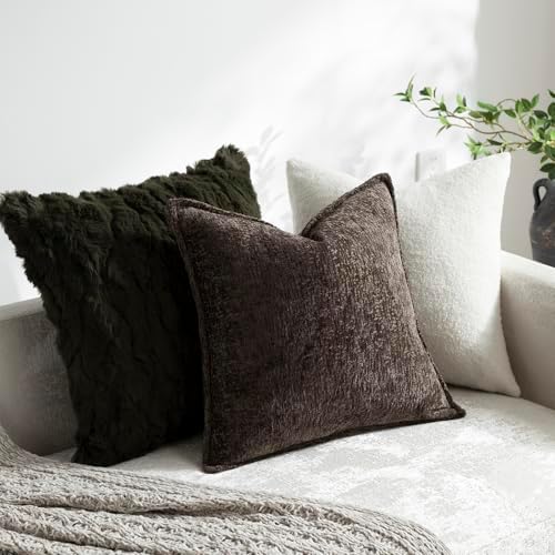 DEZENE Pack of 2 Chocolate Brown Decorative Throw Pillow Covers 24x24 Cozy Soft Chenille Accent Vintage Square Couch Pillow Covers for Home Decor Bed Sofa Living Room - Image 4