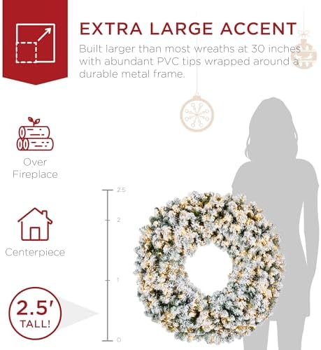Best Choice Products 30in Large Flocked Artificial Pre-Lit Fir Christmas Wreath Holiday Accent Decoration w/ 100 2-in-1 LED Lights, 220 PVC Tips - Image 3