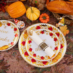 Rubtlamp 175Pcs Thanksgiving Plastic Plates, Gold Disposable Plates With Red Wreath, Fall Party Plates Include 75Gold Plastic Cutlery with Pre Rolled Napkins,25Dinner Platos, 25Salad Platos, 25 Cups - Image 4