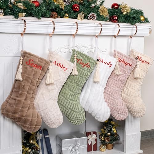 GEX 2025 Personalized Christmas Stocking with Names 5 Pack Custom Name Soft Plush Faux Fur Stocking with Tassels 20 Inch Large Rustic Farmhouse Modern Xmas Stockings (Set of 5) - Image 3