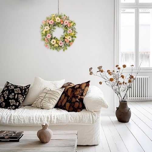 20 Inch Spring Wreaths for Front Door, Artificial Pink Gerbera Daisy & Yellow Rose Floral Wreath with Lamb's Ear Leaves & Greenery, Farmhouse Summer Wreath for Wall Window Porch Home Decor - Image 5