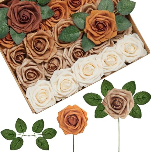 InnoGear Artificial Flowers, 50 Pcs Shades of Earth Tones Foam Fake Roses Bulk with Stems for Autumn Fall Decoration DIY Wedding Bouquets Centerpieces Bridal Shower Party Christmas Tree by InnoGear