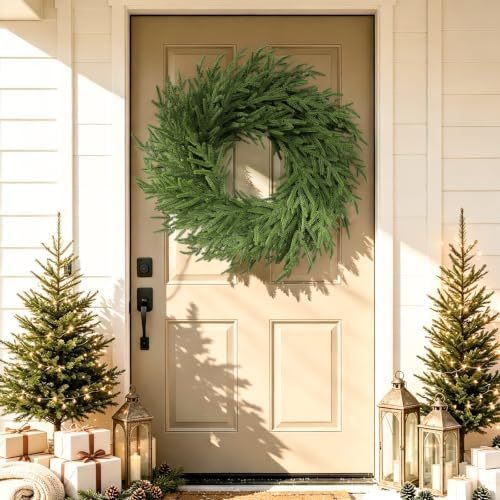 26 Inch Real Touch Norfolk Pine Wreath Christmas Decorations for Front Door, Fake Plants Green Christmas Wreath Home Decor, Xmas Decor Indoor Outdoor for Mantel Fireplace Wall Holiday Winter Decor - Image 7