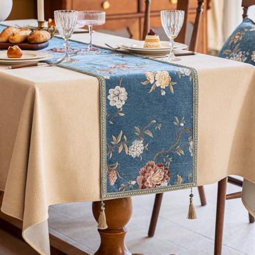 Floral Embroidered Table Runner 108 Inches Non-Slip Tassels, Dusty Blue by keemir