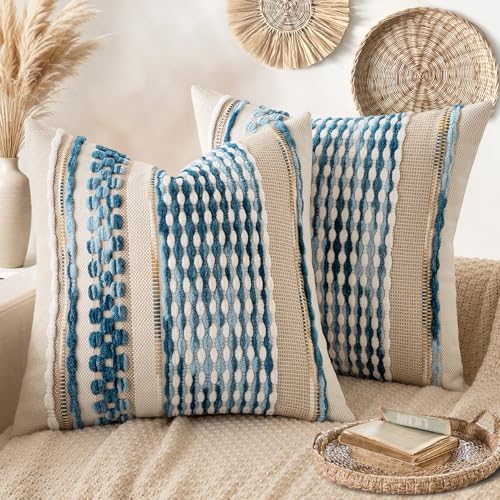 ANRODUO Boho Decorative Throw Pillow Covers Sky Blue Stripe 20x20 Pack of 2 by ANRODUO