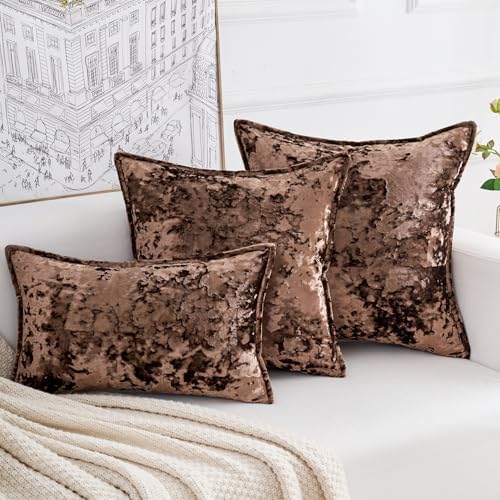 Premium Series, Crushed Velvet Throw Pillow Covers, Luxury Thick Cushion Cases for Home Decor, Dark Brown, 20x20 Inch, Covers Only by HERAYLI