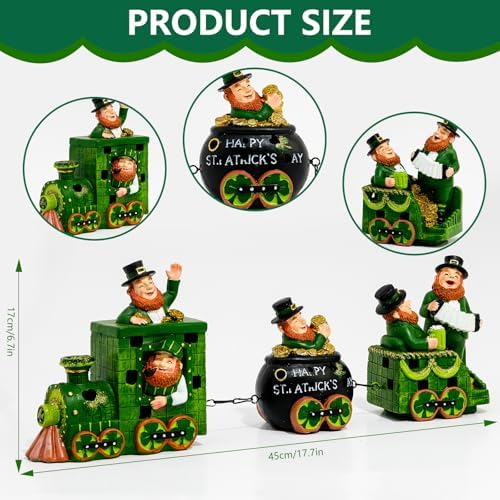 YIYA 3 Pcs Ireland St Patricks Day Decorations Train Figurine with Lighted Leprechaun Irish Resin Tabletop Centerpiece Decor for Home Tiered Tray Decor - Image 2