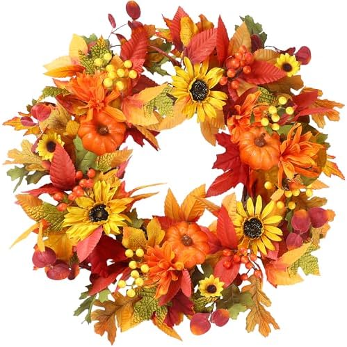 Sggvecsy Fall Wreath 20’’ Autumn Front Door Wreath Harvest Wreath with Sunflower Pumpkins Berries Maple Leaves Daisies for Outside Indoor Home Wall Festival Thanksgiving Autumn Farmhouse Decor by Sggvecsy