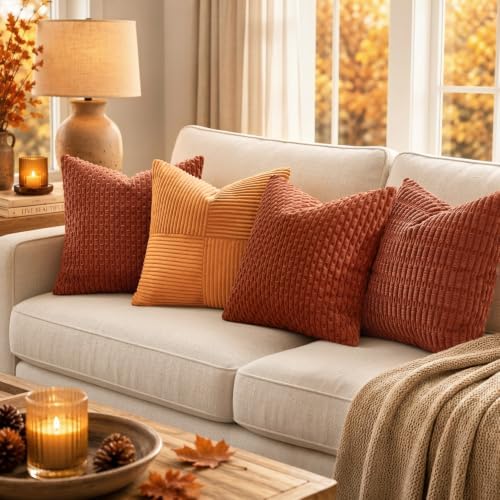 MIULEE Euro Sham Fall Decorative Throw Pillow Covers 24x24 Rust Corduroy - Image 3