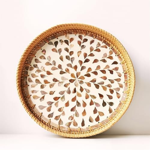 i-lan 3-Piece Round Rattan Serving Trays with Mother of Pearl Inlay – Handwoven Decorative Platters for Coffee Table, Vanity, Kitchen & Home Décor, Set - Image 3