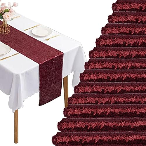 12 Packs Sequin Table Runner Glitter Dining Table Runner for Birthday Wedding Engagement Bridal Baby Shower Bachelorette Holiday Celebration Party Supplies Decorations (12" x 72", Burgundy) by Fivenl
