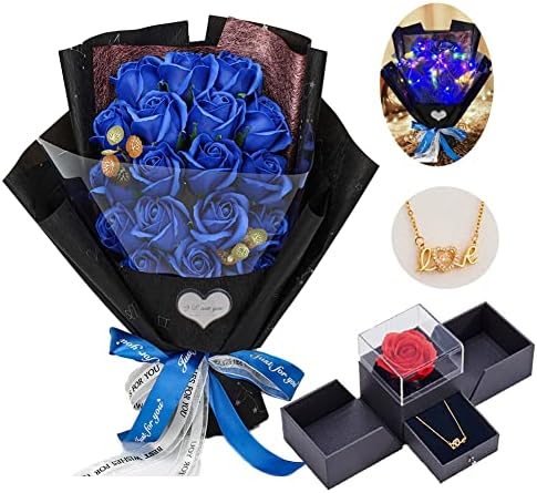 EIGHTOWN Roses Bouquet Artificial Flower - Preserved Blue Rose Flowers with Love Necklace for Her - Unique Gifts Valentine's Day, Mother's Day, Thanksgiving, Birthday, Anniversary by EIGHTOWN