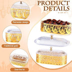 4 Pcs Ramadan Dates Holder Golden 7.2" Acrylic Vintage Platter Metal Eid Al-fitr Dessert Plate Serving Dish Trays with Clear Dome Lid Embossed Patterns for Ramadan Party Table Decoration - Image 3