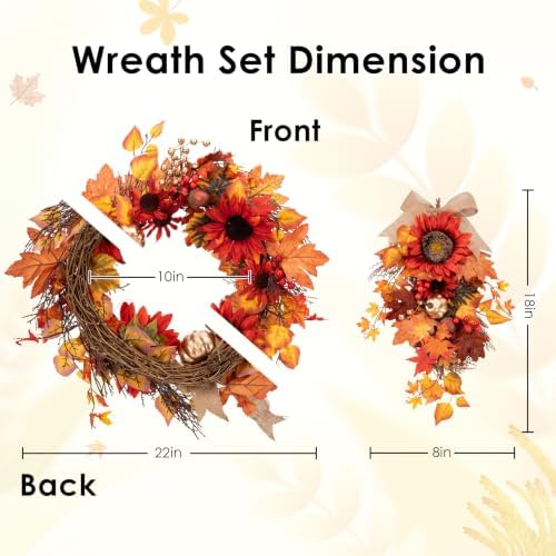 Fall Teardrop Swag Wreath, 3 Pack, 22" Artificial Pumpkin Flower - Image 2