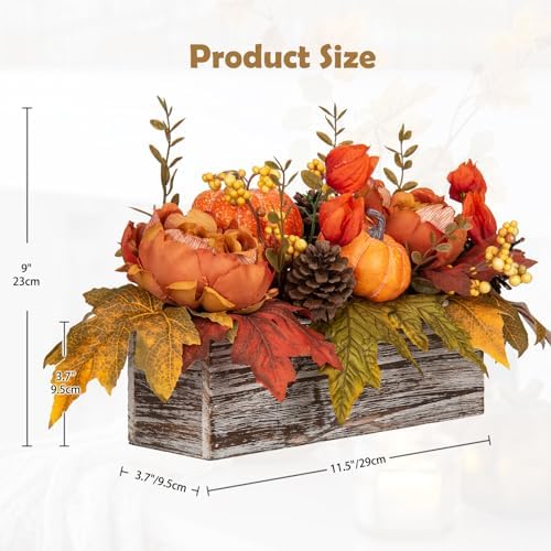 DILATATA Fall Decor Autumn Harvest Pumpkins Centerpiece - Artificial Peony Maple Leaf and Pinecones Arrangement in Rectangle Wooden Box for Thanksgiving Party Mantel Fall Decor - Image 2