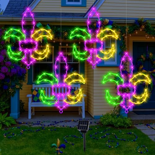 Huquary 4 Pcs Solar Mardi Gras Lights with Stake Yellow Green Purple Window Decor Fleur De Lis Outdoor LED String Lights with Solar Stake & 4 Hooks Lighting Decor for Carnival Yard Garden Home Party - Image 3
