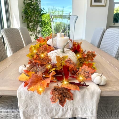 CQURE 14 Pack Fall Leaf Garland with Lights, Fall Vines Autumn Garland LED Lights Artificial Maple Fall Leaves Thanksgiving Decor for Home Wedding Fireplace Party - Image 6
