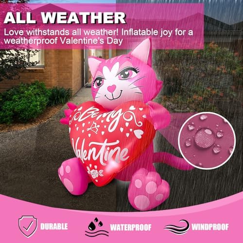 4FT Valentine's Day Inflatables Cute Pink Cat with Heart Decorations Built-in LED Lighted Blow Up Decor Indoor Outdoor Holiday Art Decor Romantic Gift for Anniversary Wedding Party - Image 5