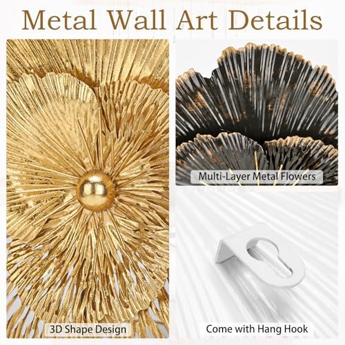 DILATATA 3 Pcs Metal Flower Wall Art Set 10 Inch Rustic Modern Floral Sculpture 3D Metal Flower Wall Hanging Accent for Indoor Living Room Bedroom Kitchen Bathroom Garden Patio Decor - Mixcolor - Image 3
