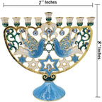 The Dreidel Company Hanukkah Large 12-Inch Tall Menorah Hand Painted Enamel, Star of David Magen David & Blue Bird Design, Hand-Painted Enameled Metal - Image 3