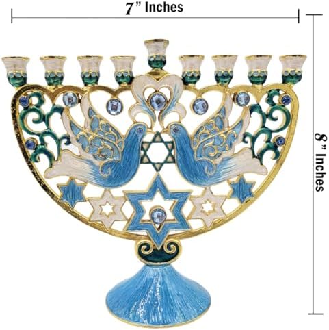 The Dreidel Company Hanukkah Large 12-Inch Tall Menorah Hand Painted Enamel, Star of David Magen David & Blue Bird Design, Hand-Painted Enameled Metal - Image 3