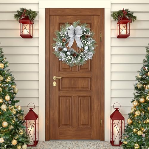 Sggvecsy 20 Inch Artificial Christmas Wreath for Front Door with Pine Needles White Berries Pine Cones Silver Bow Christmas Ball Decorations for Winter Wall Outdoor Home Holiday Xmas Decor - Image 3