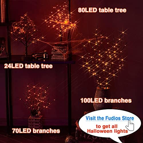 Fudios Halloween Lighted Branches with Timer 100 LED Orange Fairy Lights 32IN, Black Tree Branch Lights Battery Operated for Home Party Mantle Decoration - Image 6