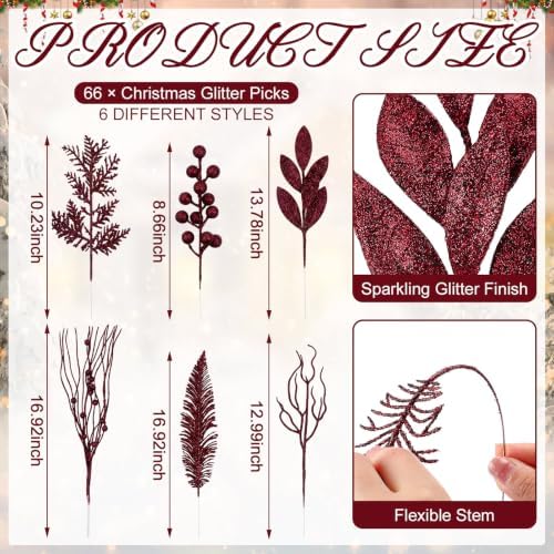 66 Pcs Burgundy Christmas Glitter Picks and Sprays - Image 3