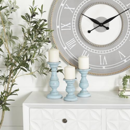 Deco 79 Mango Wood Decorative Candle Holder Distressed Turned Pillar Candle Stand, Set of 3 Candlestick Holder 6", 8", 10"H, Light Blue - Image 3