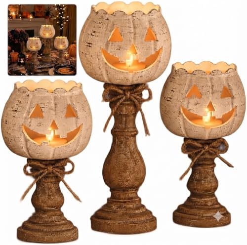 WRRX Rustic White Pumpkin Tealight Candle Holder Set of 3, Farmhouse Halloween Pumpkin Tea Light Candle Holders Decor,，Distressed White Lantern Tealight Holder Halloween Table Centerpiece Decor by Unknown
