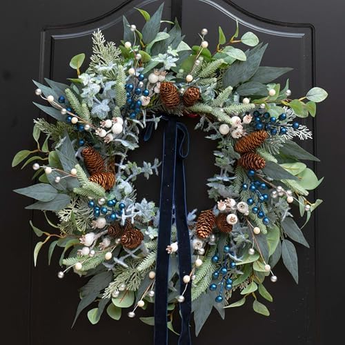 Winter Wreaths for Front Door 24 Inch Green Olive & Eucalyptus Wreath with Silver & White Berries, Pine Cones and Blueberries, Christmas & Holiday Indoor Outdoor Decor by ArcadiaArt