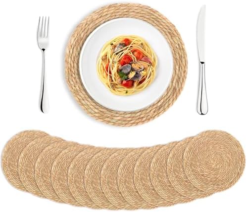 Round Woven Placemats Set of 12，13 Inch Natural Rattan Placemats Hand-Woven Water Hyacinth Placemat Farmhouse Rustic Braided Boho Wicker Table Mats for Christmas Dining Table Wedding Home (13 Inch) by Unknown