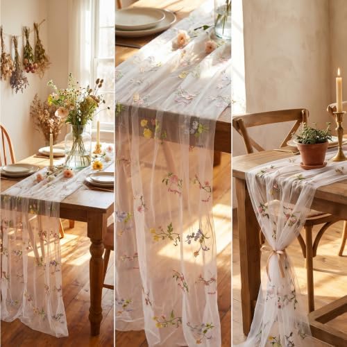 3 Pcs Wildflower Table Runner 118 x 27.5 Inches Spring Summer Floral Tulle Runner for Wedding Party Dining Decor, Light Pink White Sage Green Polyester Lace Runner - Image 6